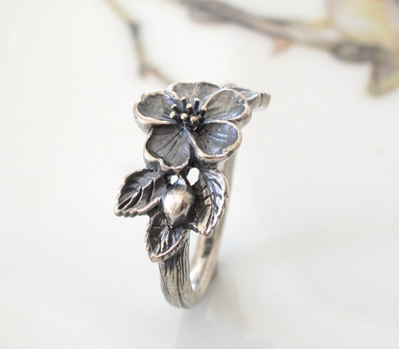 Vintage Rose Flower Leaf Retro Silver Ring