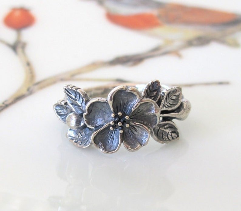 Vintage Rose Flower Leaf Retro Silver Ring