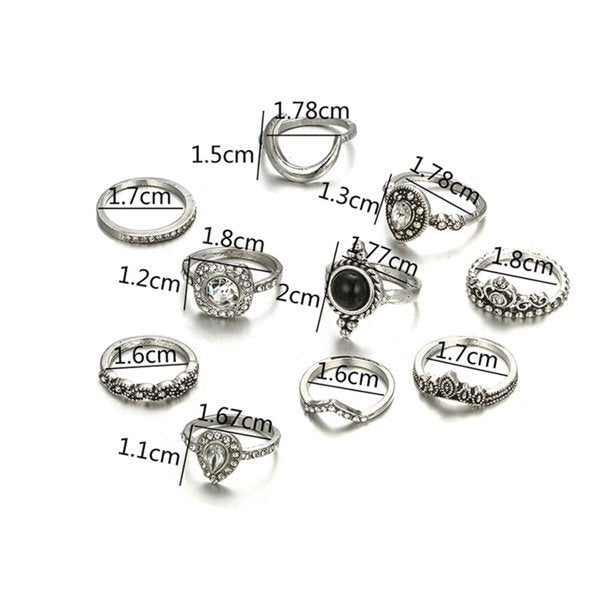 10pcs Vintage Rhinestone Knuckle Midi Stacking Boho Ring Set