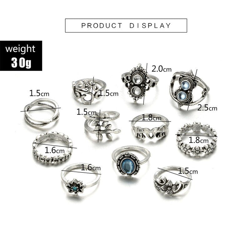 11pcs Blue Boho Vintage Silver Ring Stacking Set
