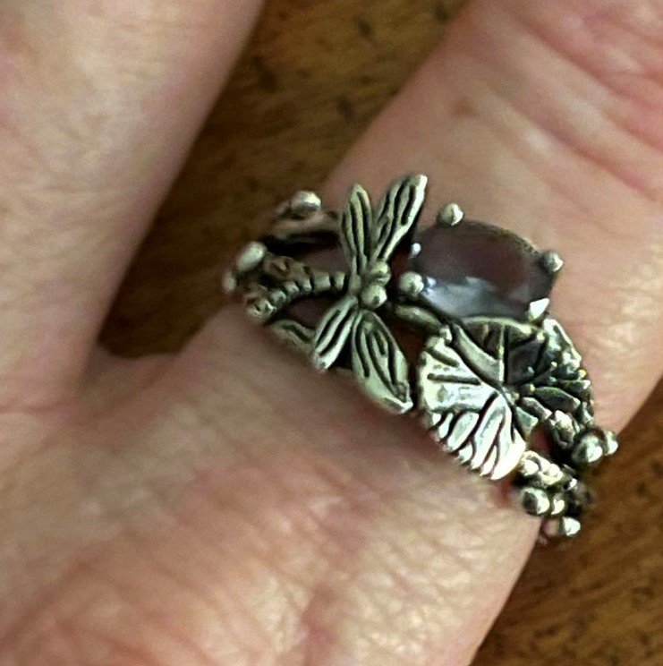 Retro Vintage Leaf Dragonfly Purple Crystal Silver Ring