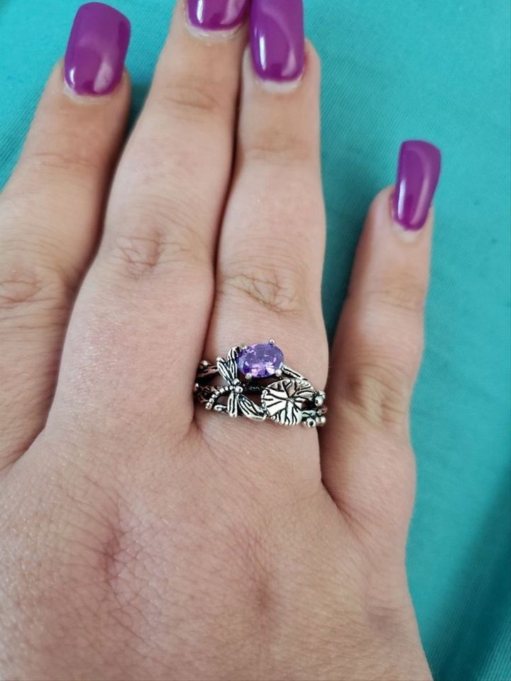 Retro Vintage Leaf Dragonfly Purple Crystal Silver Ring