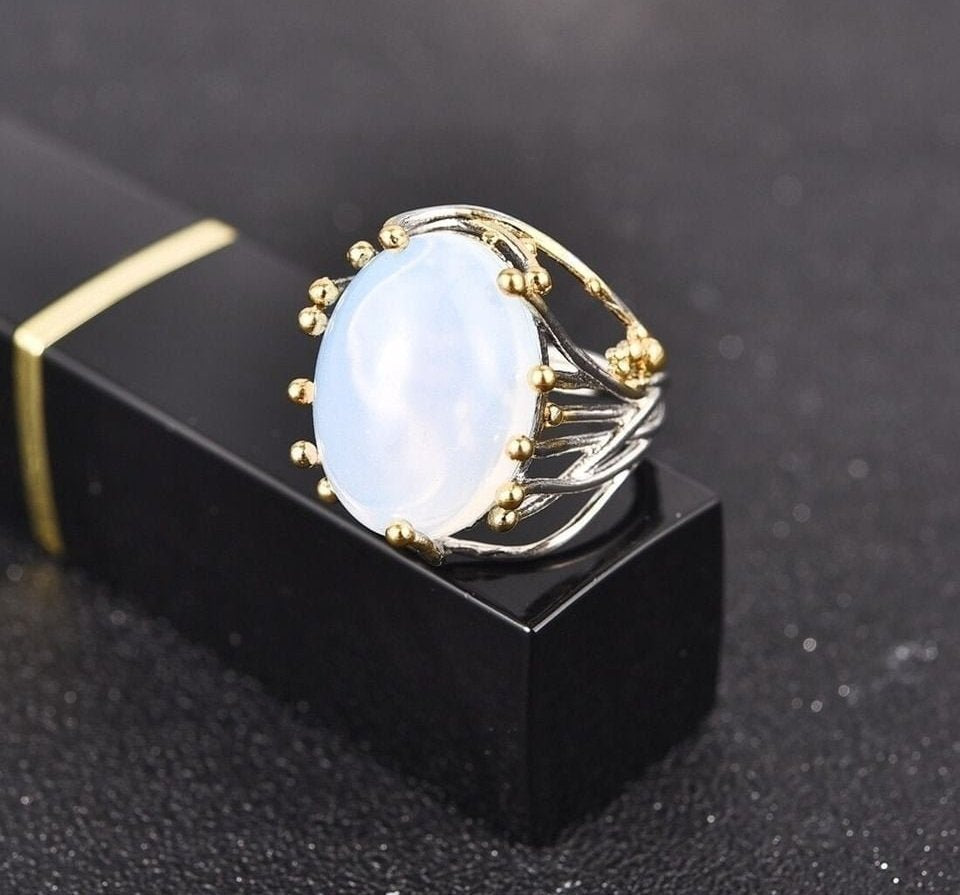 Big Geometric White Moonstone Vintage Silver Ring
