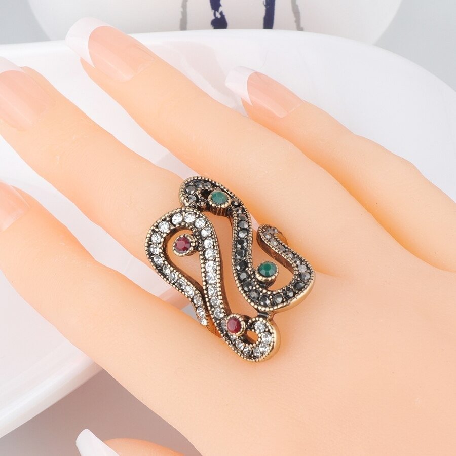 Unique Ethnic Filled Resin Antique Gold Ring