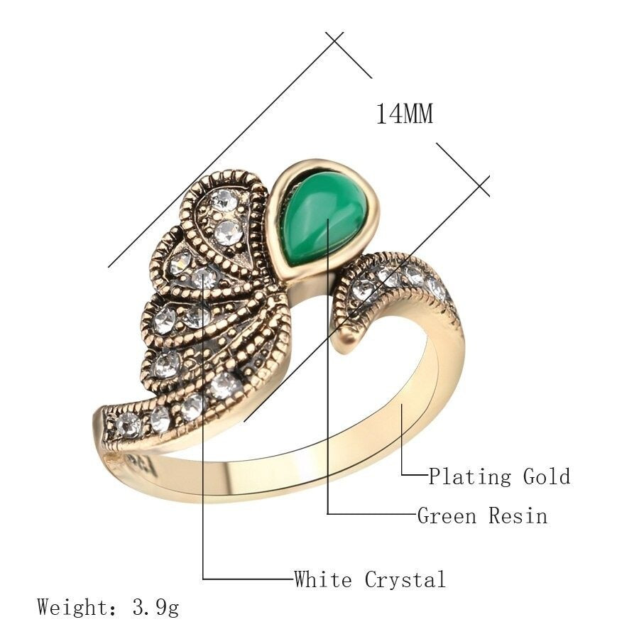 Ethnic Antique Gold Mosaic Green Resin Vintage Boho Ring