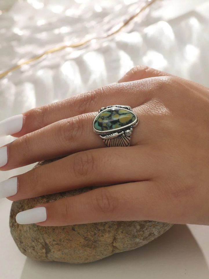 Vintage Blue Turquoise Antique Silver Feather Ring