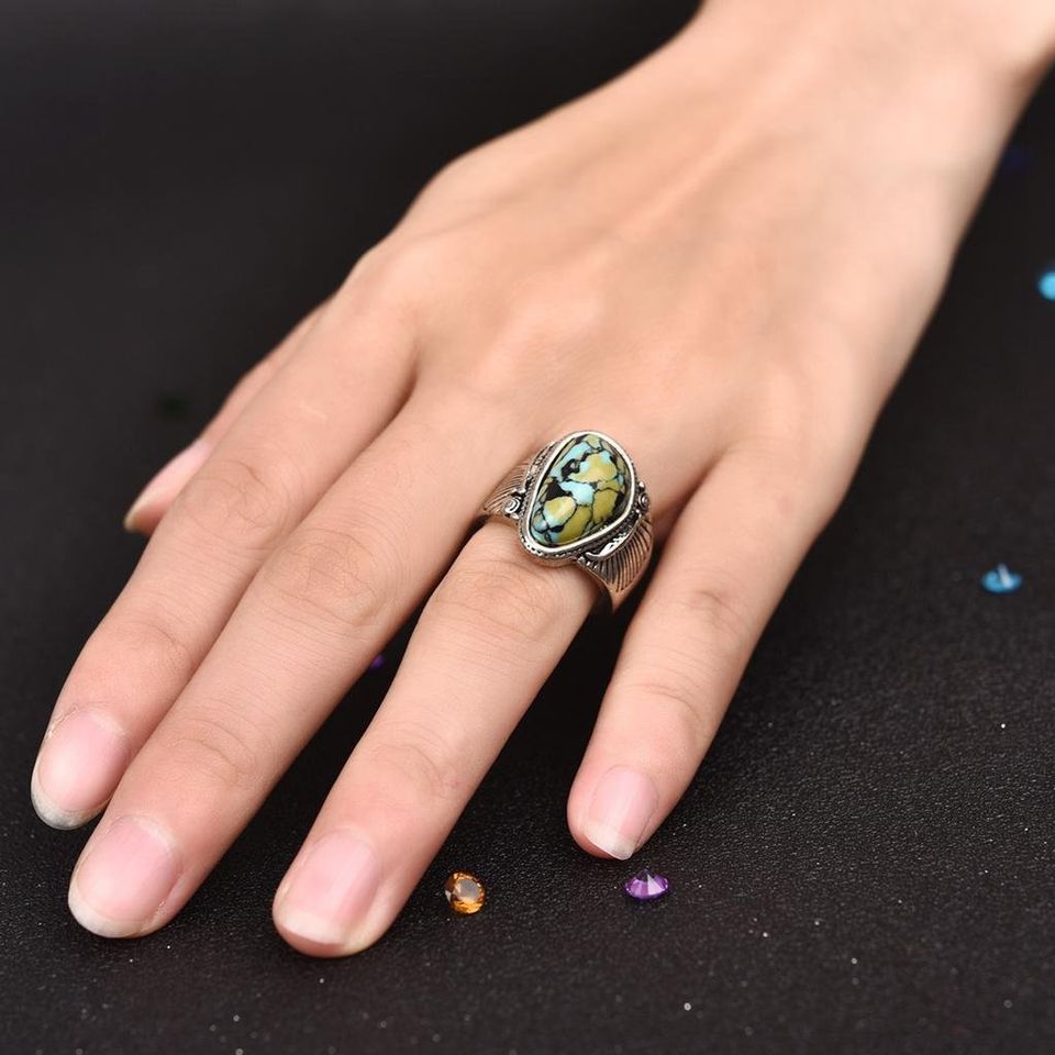 Vintage Blue Turquoise Antique Silver Feather Ring