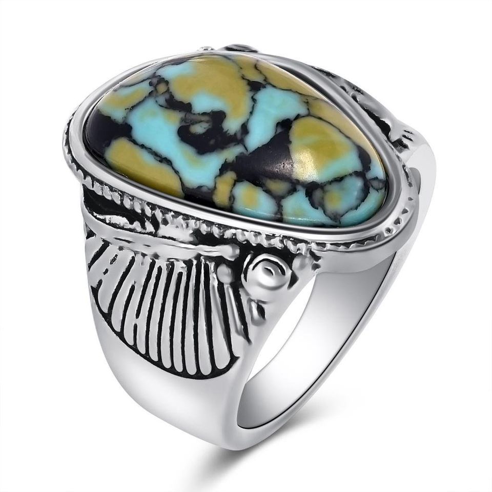 Vintage Blue Turquoise Antique Silver Feather Ring