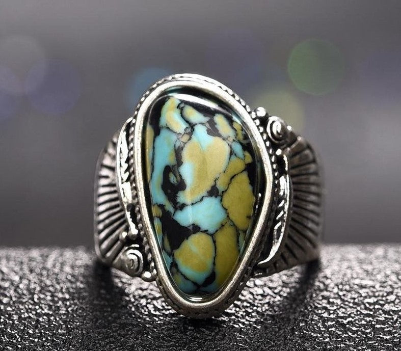 Vintage Blue Turquoise Antique Silver Feather Ring