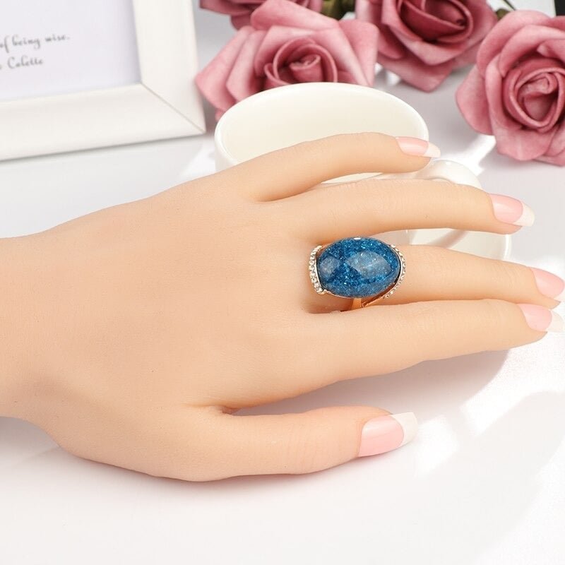 Big Oval Blue Mosaic Antique Gold Vintage Ring