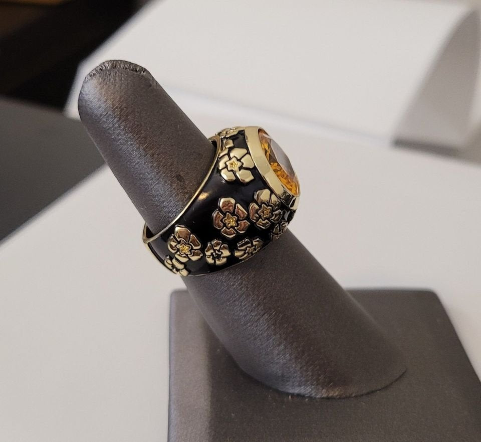 925 Sterling Silver Orange Citrine Black Enamel Flower Ring