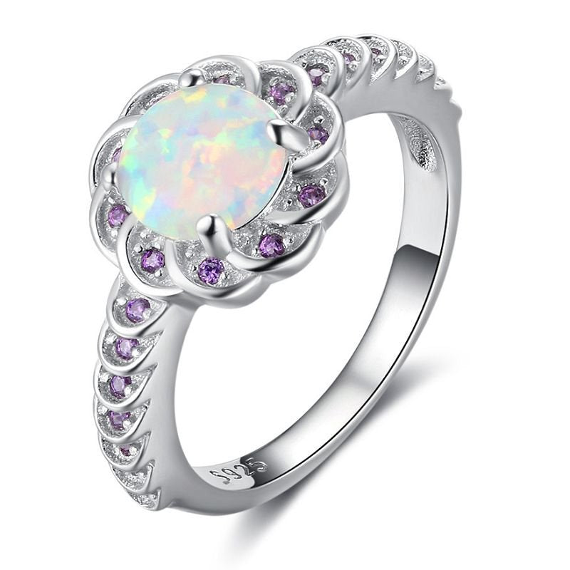 White Opal & Purple Zircon Round Flower Silver Ring