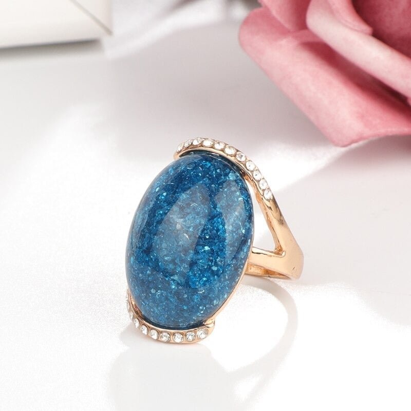 Big Oval Blue Mosaic Antique Gold Vintage Ring