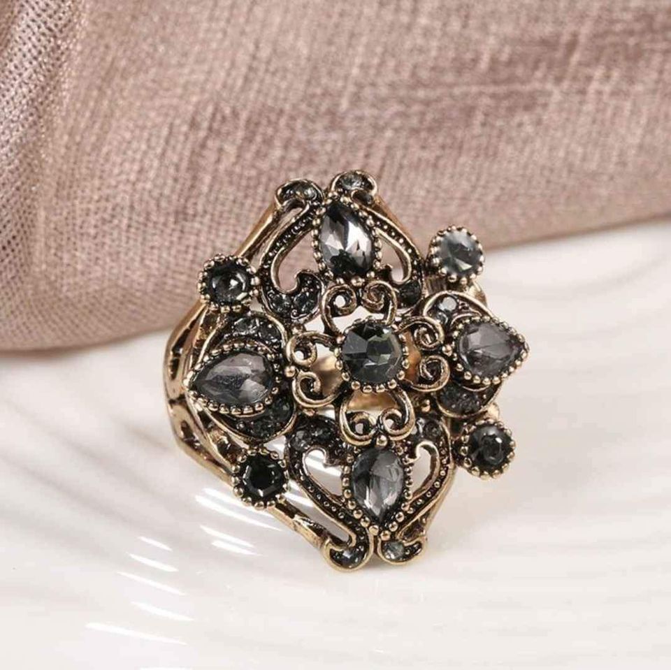 Huge 30mm Antique Gold Cross Gray Crystal Flower Vintage Ring