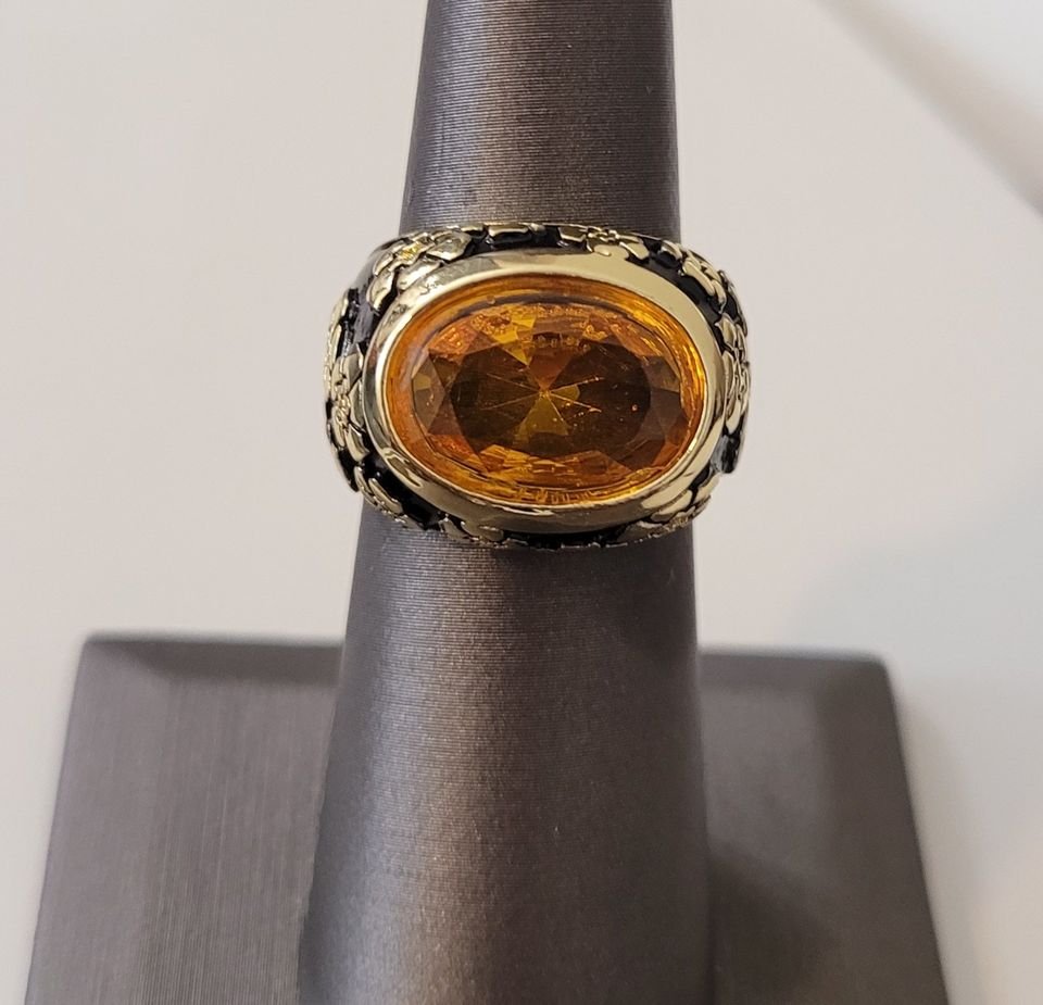 925 Sterling Silver Orange Citrine Black Enamel Flower Ring