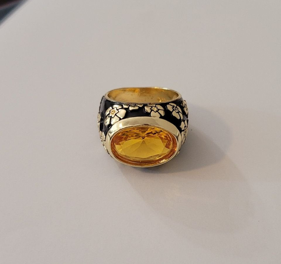 925 Sterling Silver Orange Citrine Black Enamel Flower Ring