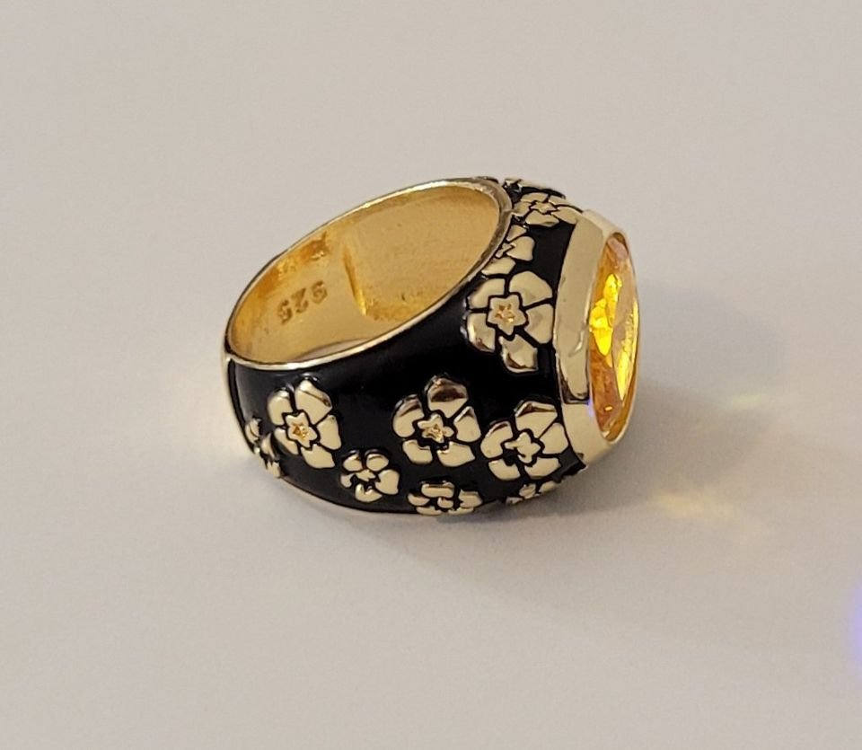 925 Sterling Silver Orange Citrine Black Enamel Flower Ring