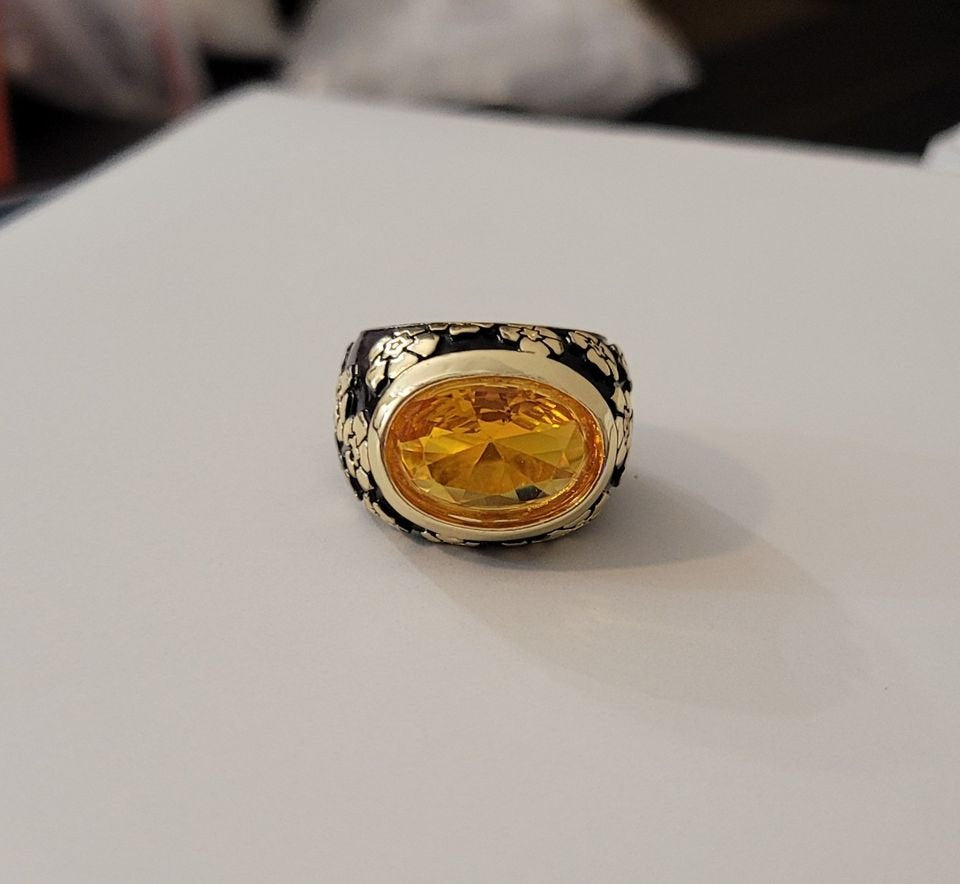 925 Sterling Silver Orange Citrine Black Enamel Flower Ring