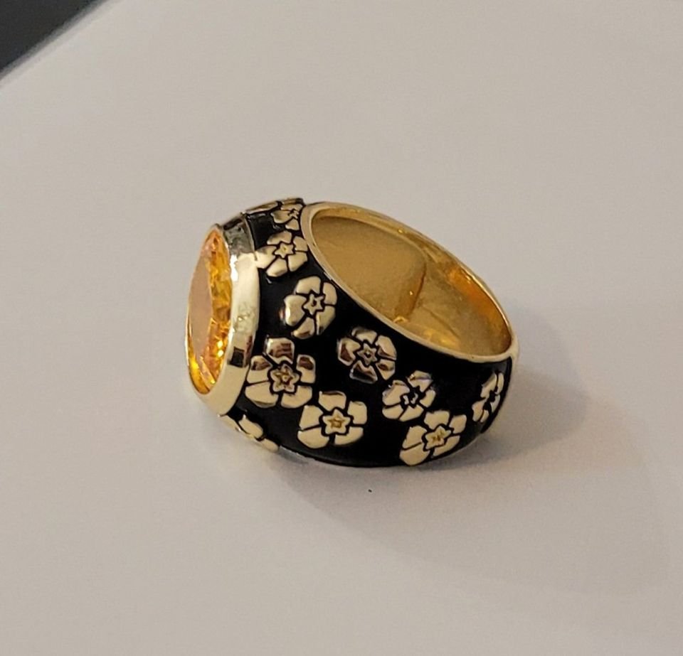 925 Sterling Silver Orange Citrine Black Enamel Flower Ring