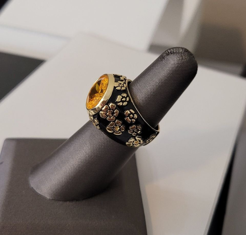 925 Sterling Silver Orange Citrine Black Enamel Flower Ring