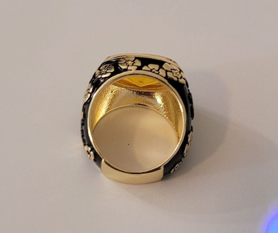 925 Sterling Silver Orange Citrine Black Enamel Flower Ring