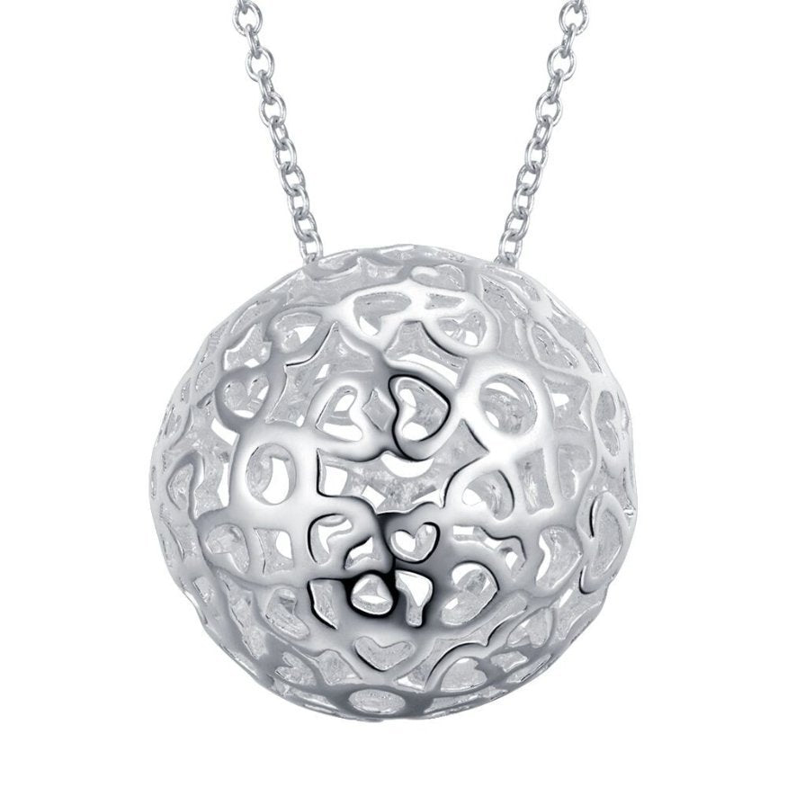 Hollow Heart Ball Sphere Pendant Silver Necklace & 18" Chain