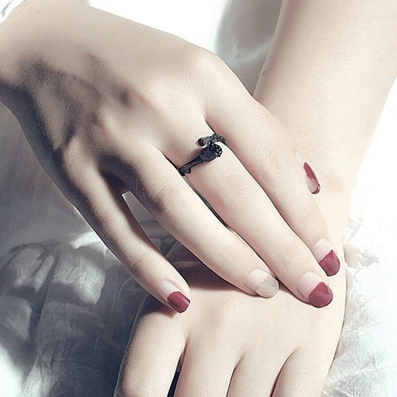 Elegant Gun Black Rose Flower Open Ring