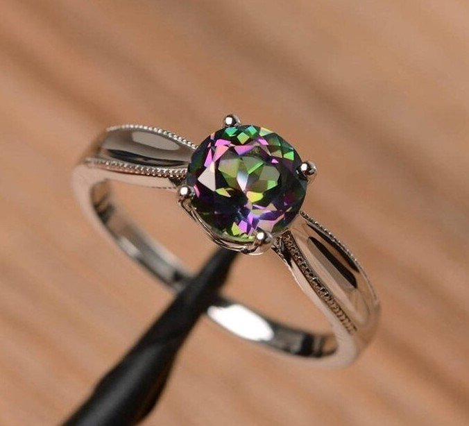 Round Mystic Rainbow Topaz Solitaire Silver Ring