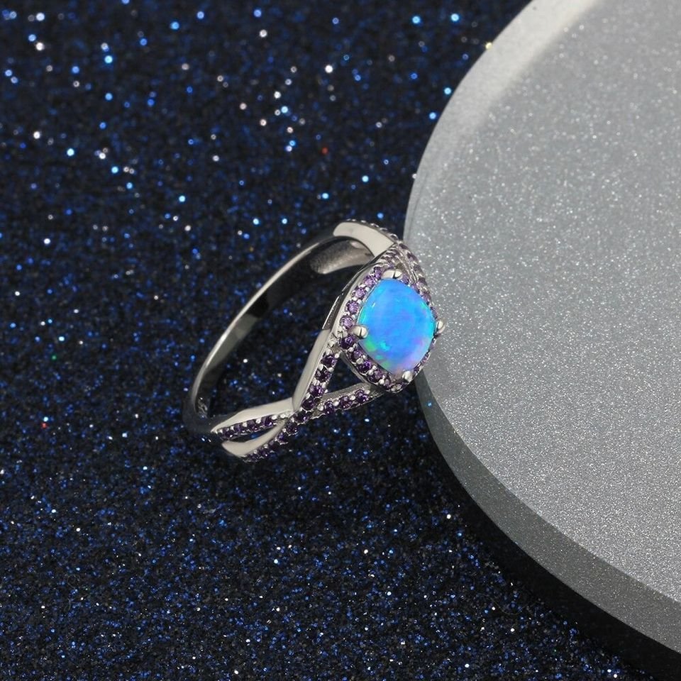 Princess-Cut Blue Opal & Purple Cubic Zirconia Silver Ring
