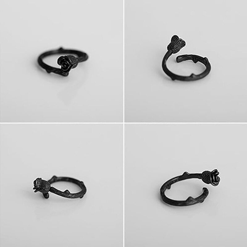 Elegant Gun Black Rose Flower Open Ring