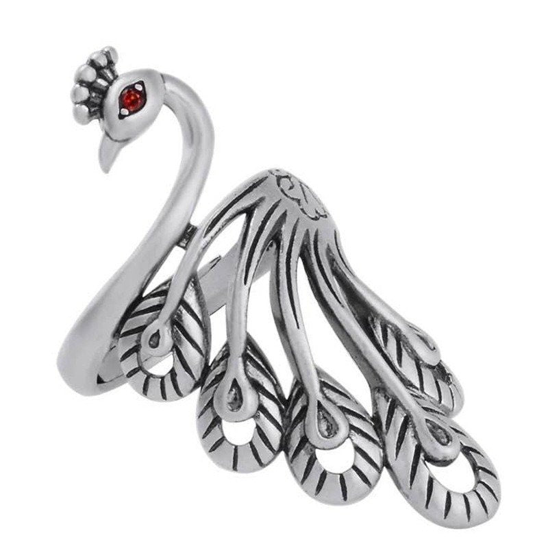 Retro Peacock Animal Feather Open Antique Silver Ring
