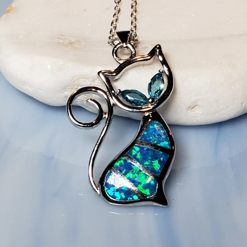 Cute Blue Opal Kitten Cat Silver Necklace & Chain