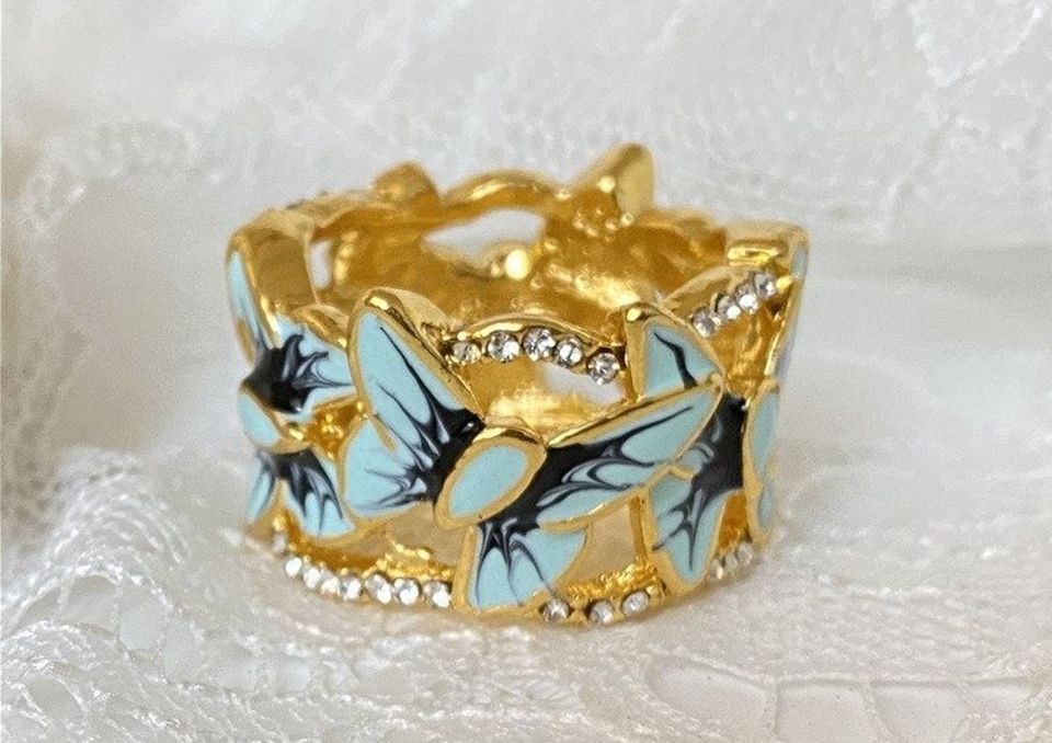 925 Sterling Silver Filled Blue Butterfly Golden Enamel Ring