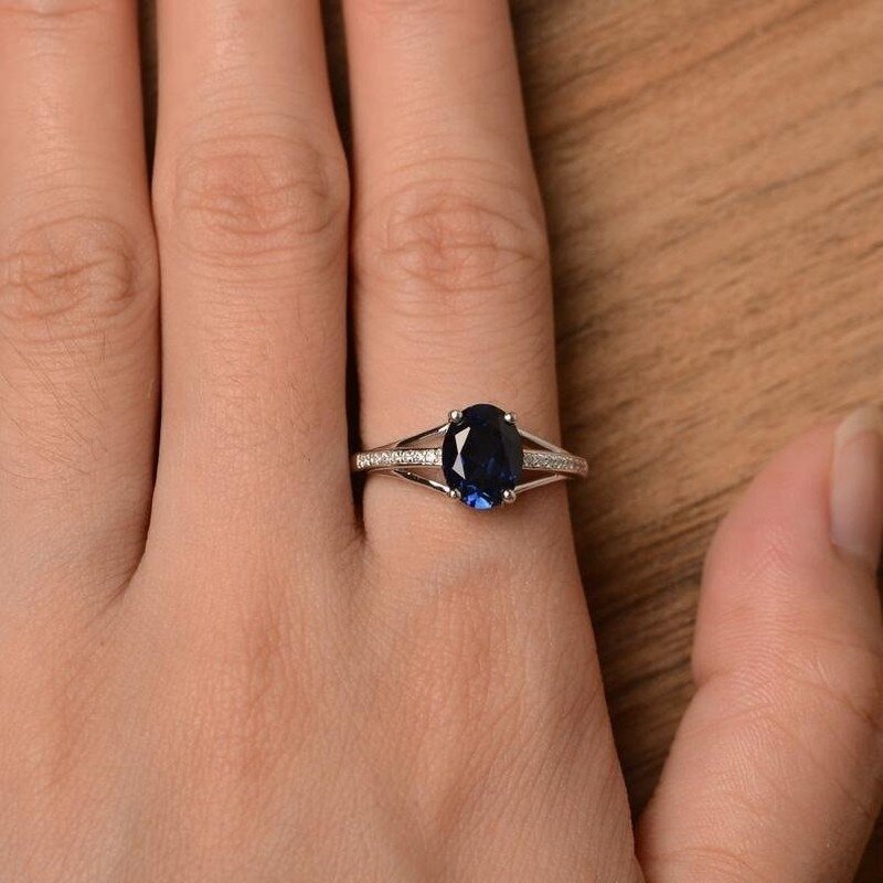 Elegant Oval Lab Blue Sapphire & CZ Crystal Silver Ring
