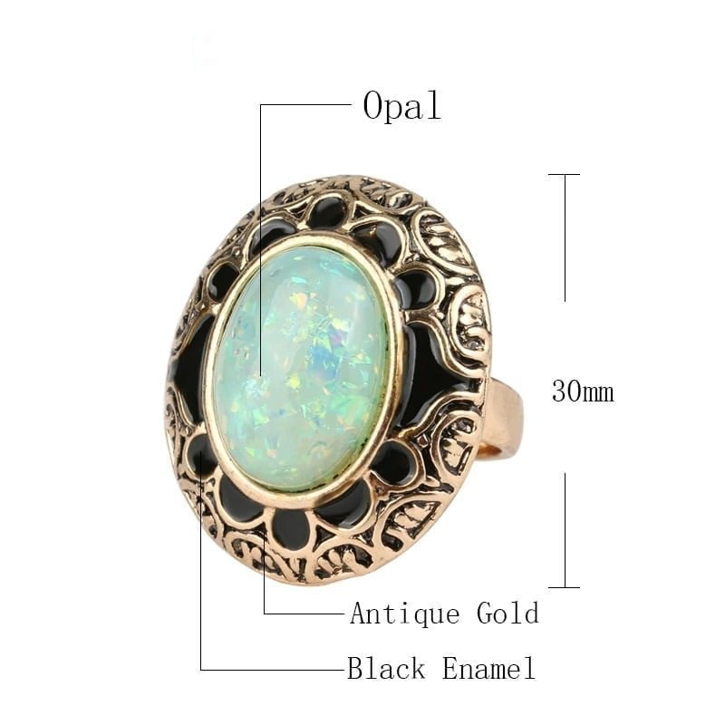 Vintage Green Opal Antique Gold Black Enamel Boho Ring