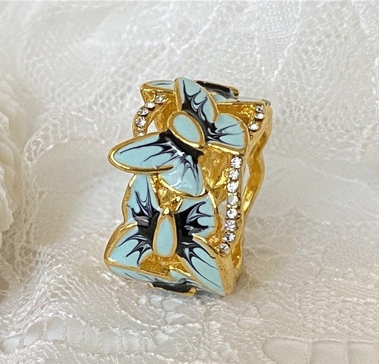 925 Sterling Silver Filled Blue Butterfly Golden Enamel Ring