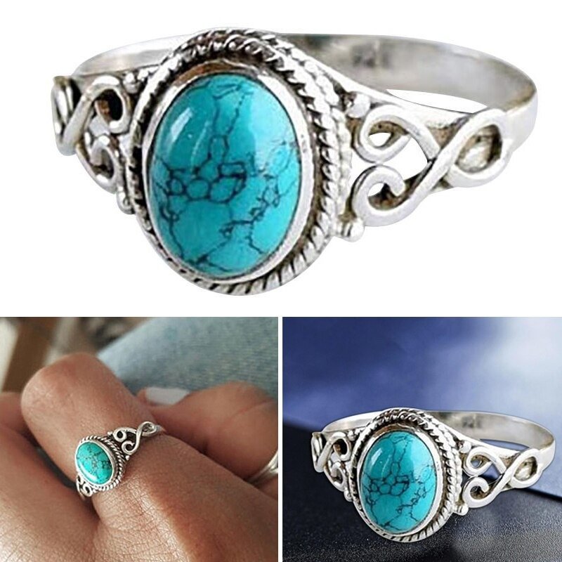Vintage Oval Natural Blue Turquoise Silver Retro Ring