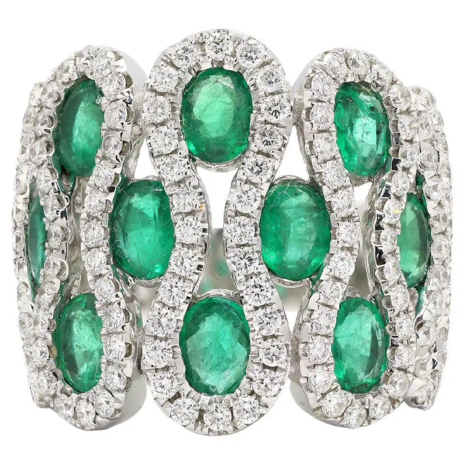 Emerald Green & White Pear Weave Silver Wide Band Ring