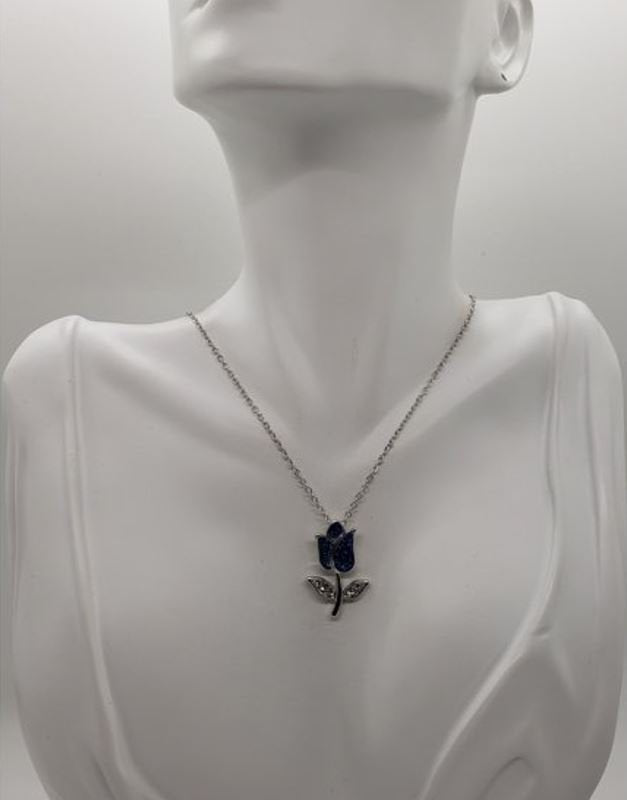 Blue Opal Rose Tulip Flower Floral Silver Necklace