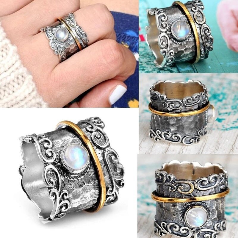 Retro Temperament Wide Face Two Tone Rainbow Moonstone Ring