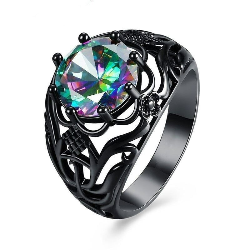 Vintage Black Mystic Rainbow Hollow Sterling Silver Art Deco Ring