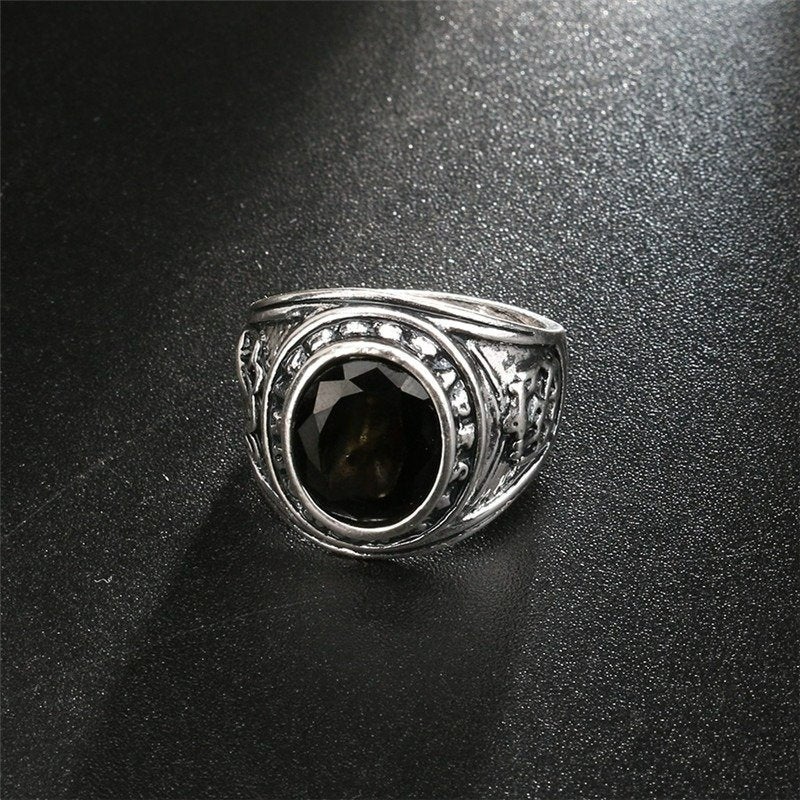 Men's Retro Black Agate Resin Antique Silver Ring