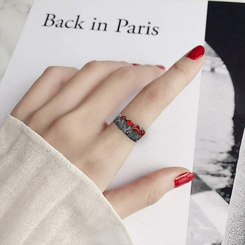 Red Rose Painted Flower Retro Black Enamel Ring