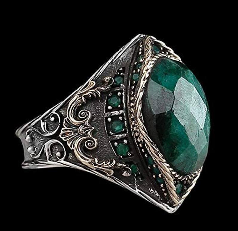 Men's Natural Green Emerald Turkish Handmade Antique Gold Ring