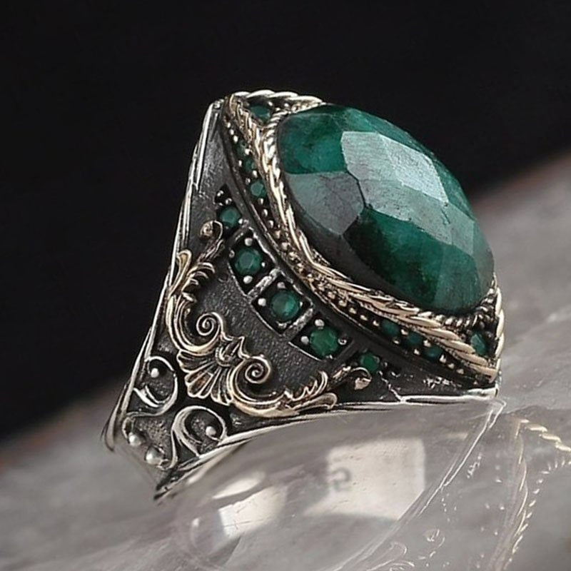Men's Vintage Natural Green Emerald Turkish Handmade Antique Gold Ring