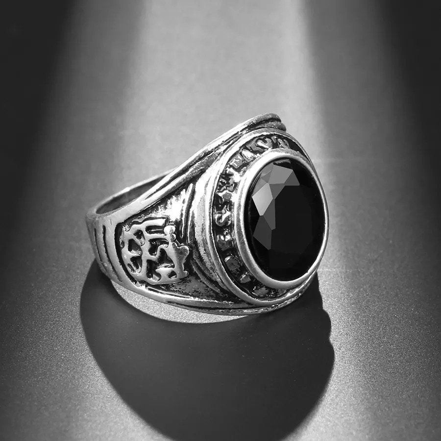Men's Retro Black Agate Resin Antique Silver Ring