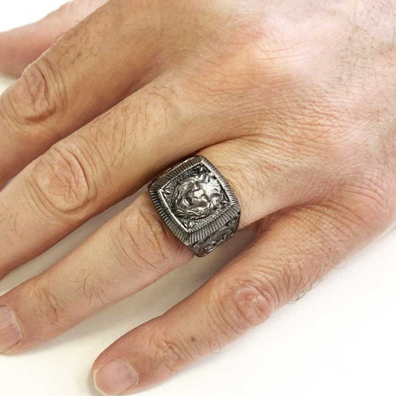 Men's Viking Roaring Lion Head Totem Amulet Silver Ring