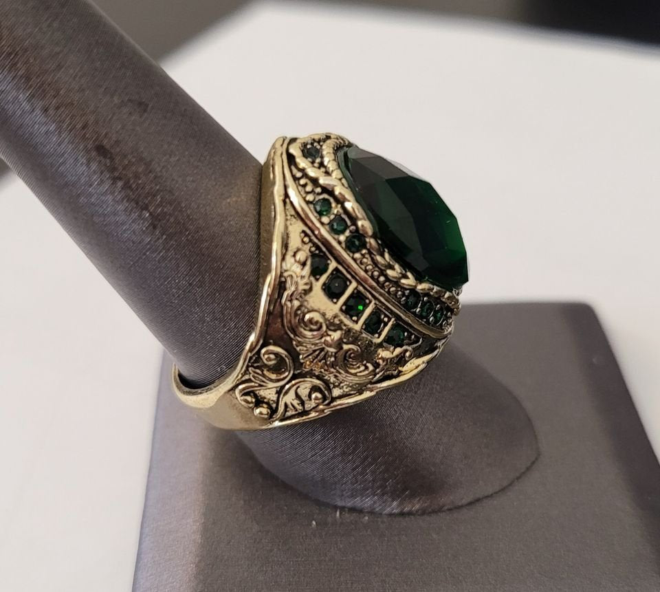 Men's Vintage Natural Green Emerald Turkish Handmade Antique Gold Ring