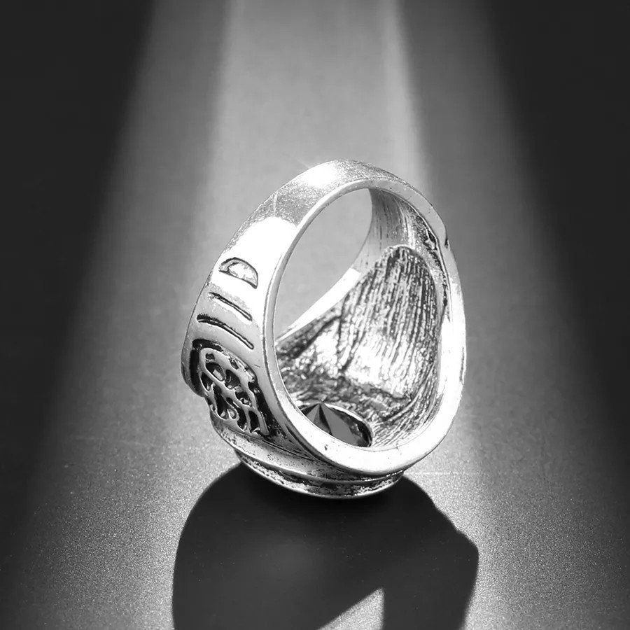 Men's Retro Black Agate Resin Antique Silver Ring
