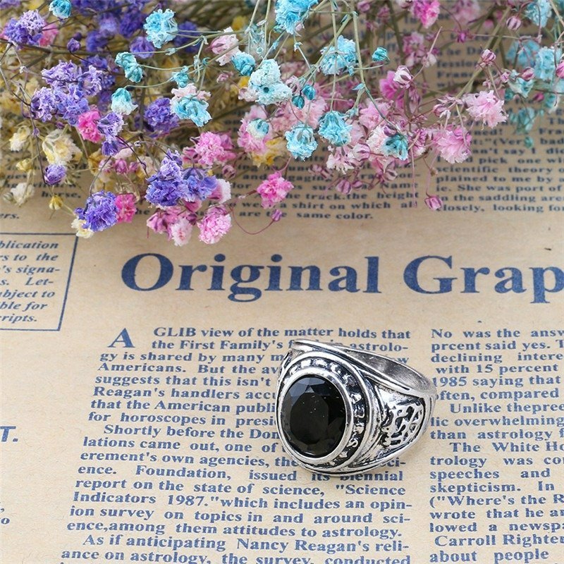 Men's Retro Black Agate Resin Antique Silver Ring
